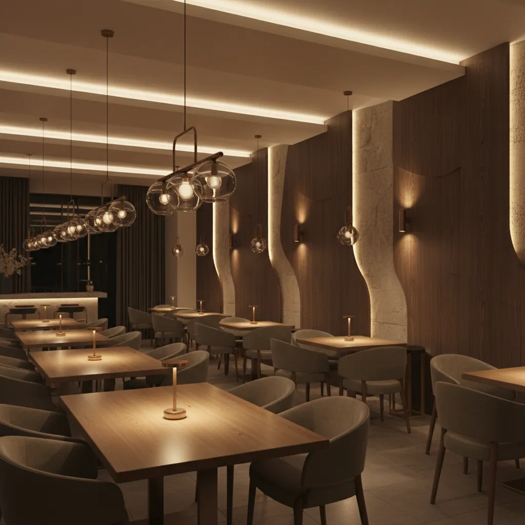 Restaurant lighting layers with pendant lights wall sconces and ambient lighting