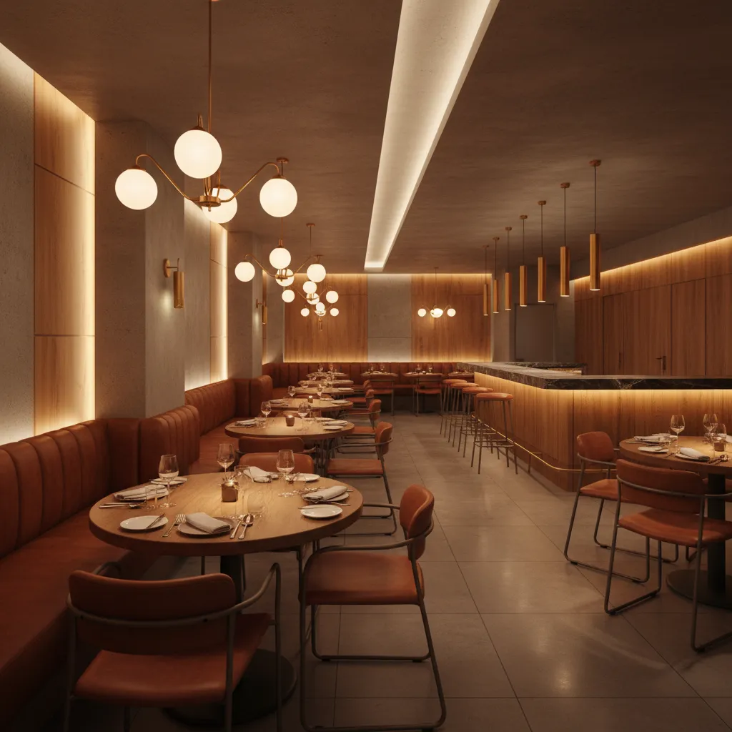 Modern restaurant interior with round wooden tables orange chairs warm wall lights and ceiling lights
