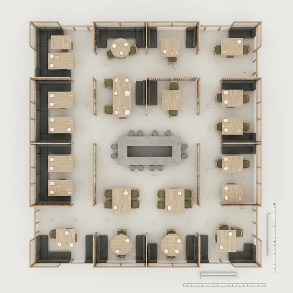 Plano de distribución de mesas en un restaurante moderno