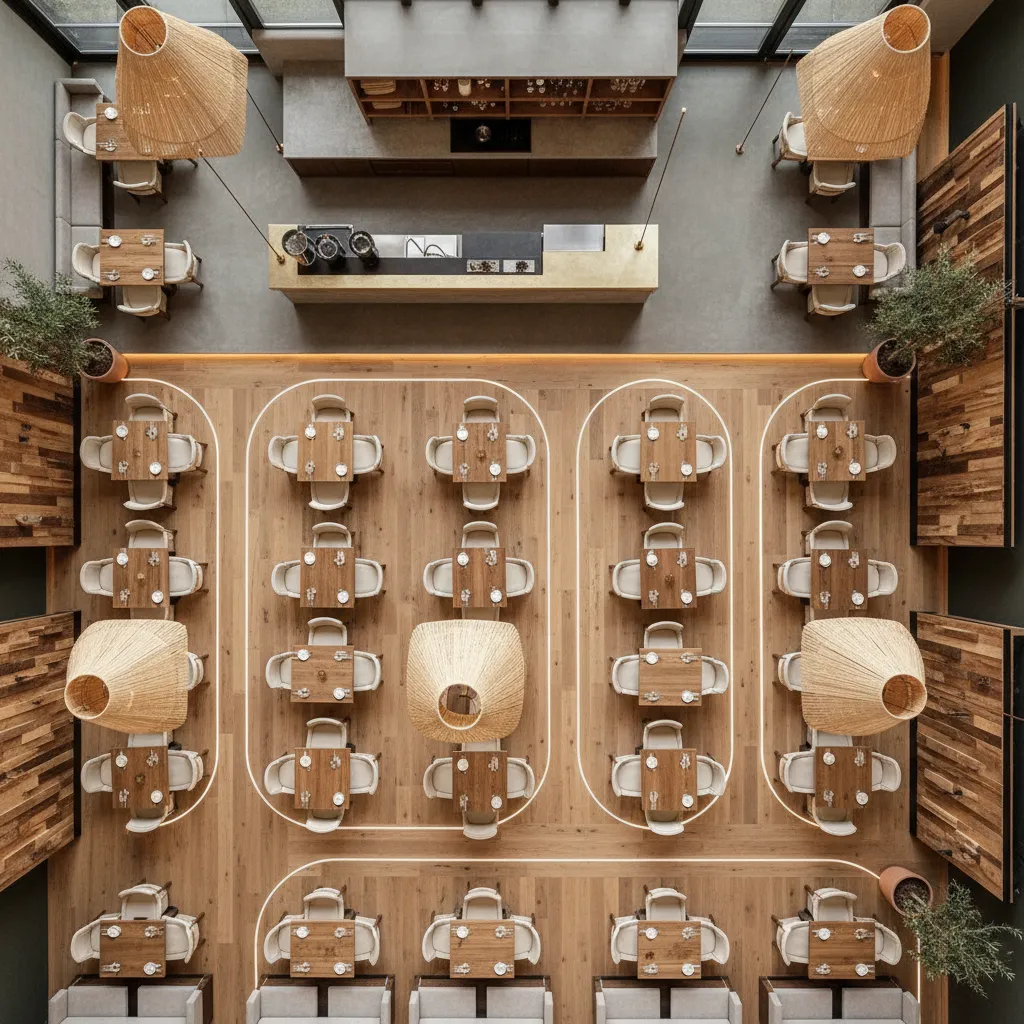 Plano y distribución interior de restaurante con mesas organizadas