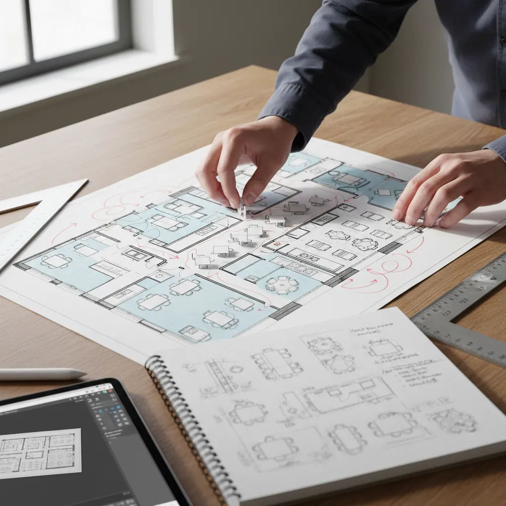 designer arranging restaurant tables and service paths on floor plan