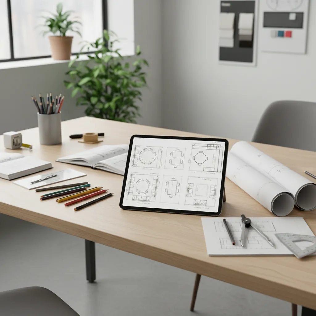 Designer planning restaurant layout on tablet with floor plan sketches and seating arrangement