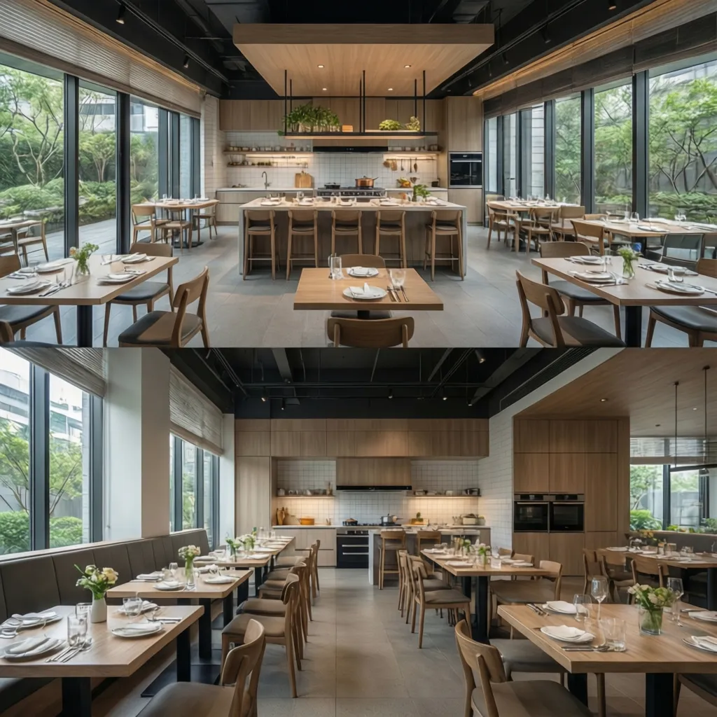 different restaurant layout models including central kitchen and open kitchen design
