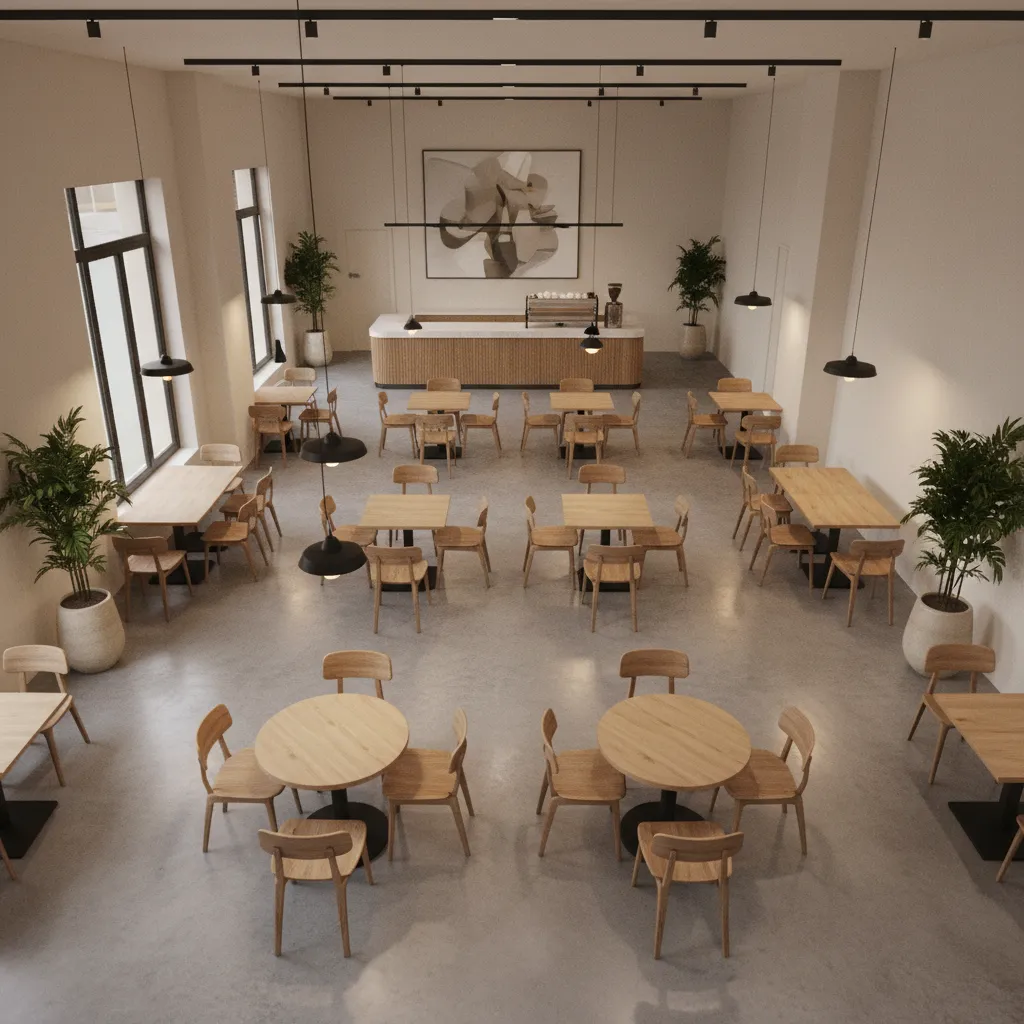 restaurant dining room layout overview with balanced seating and pathways