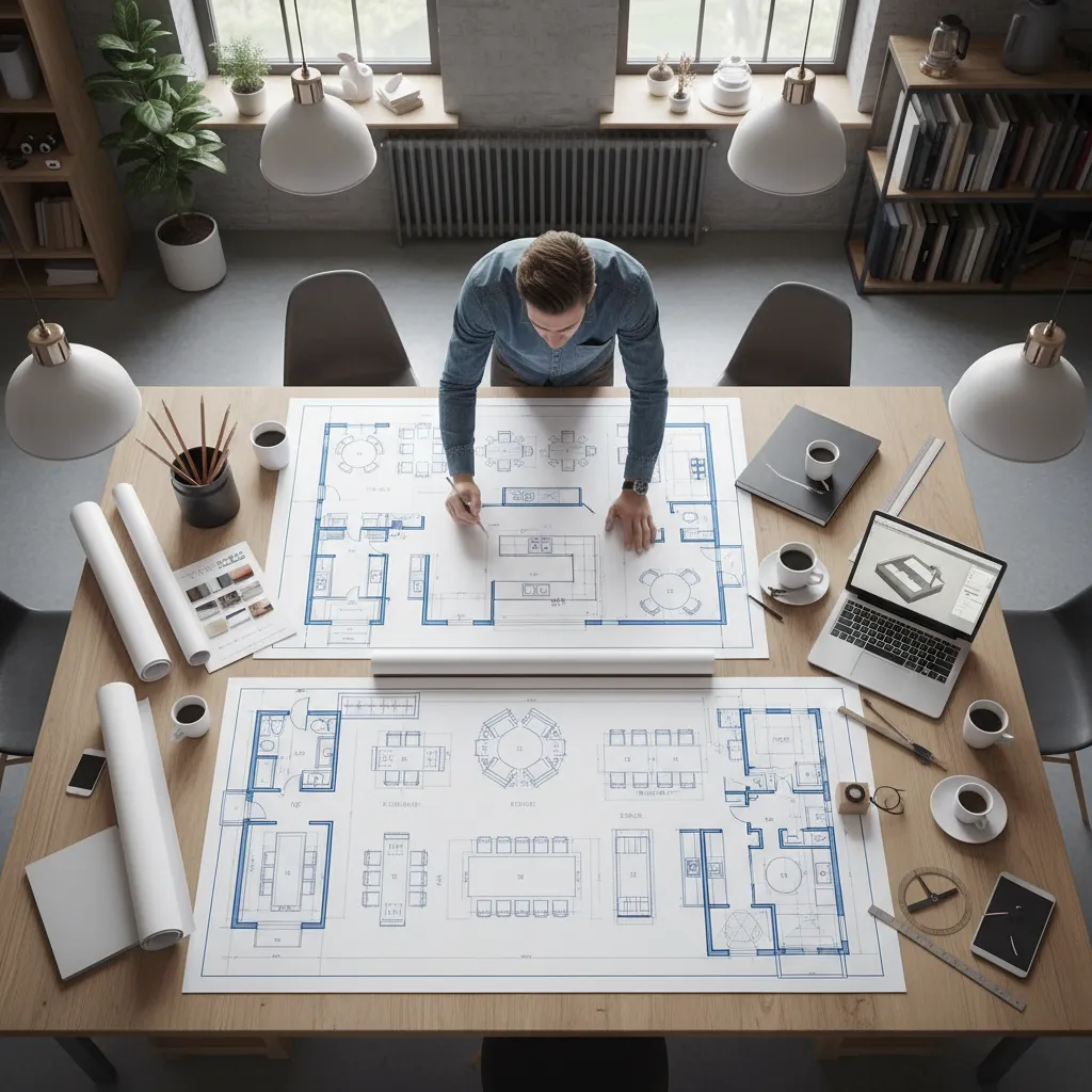 Designer working on restaurant room layout with large paper drawings on a wooden office table