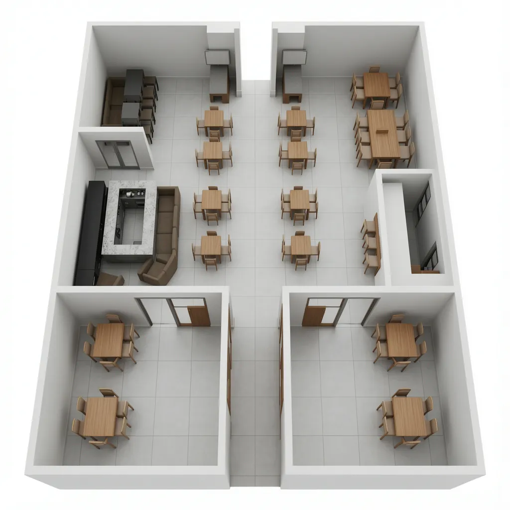 3D restaurant floor plan showing seating zones bar and kitchen layout