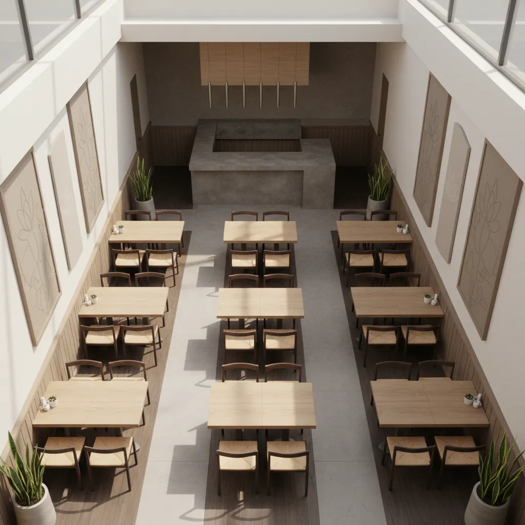 Thai restaurant seating layout illustrating clear pathways and table arrangement