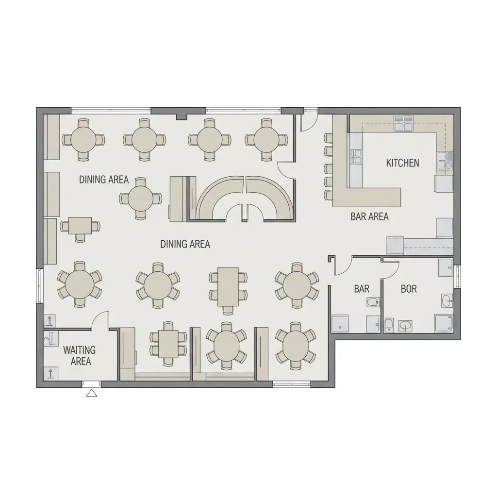 restaurant floor plan template showing dining tables bar and kitchen zones