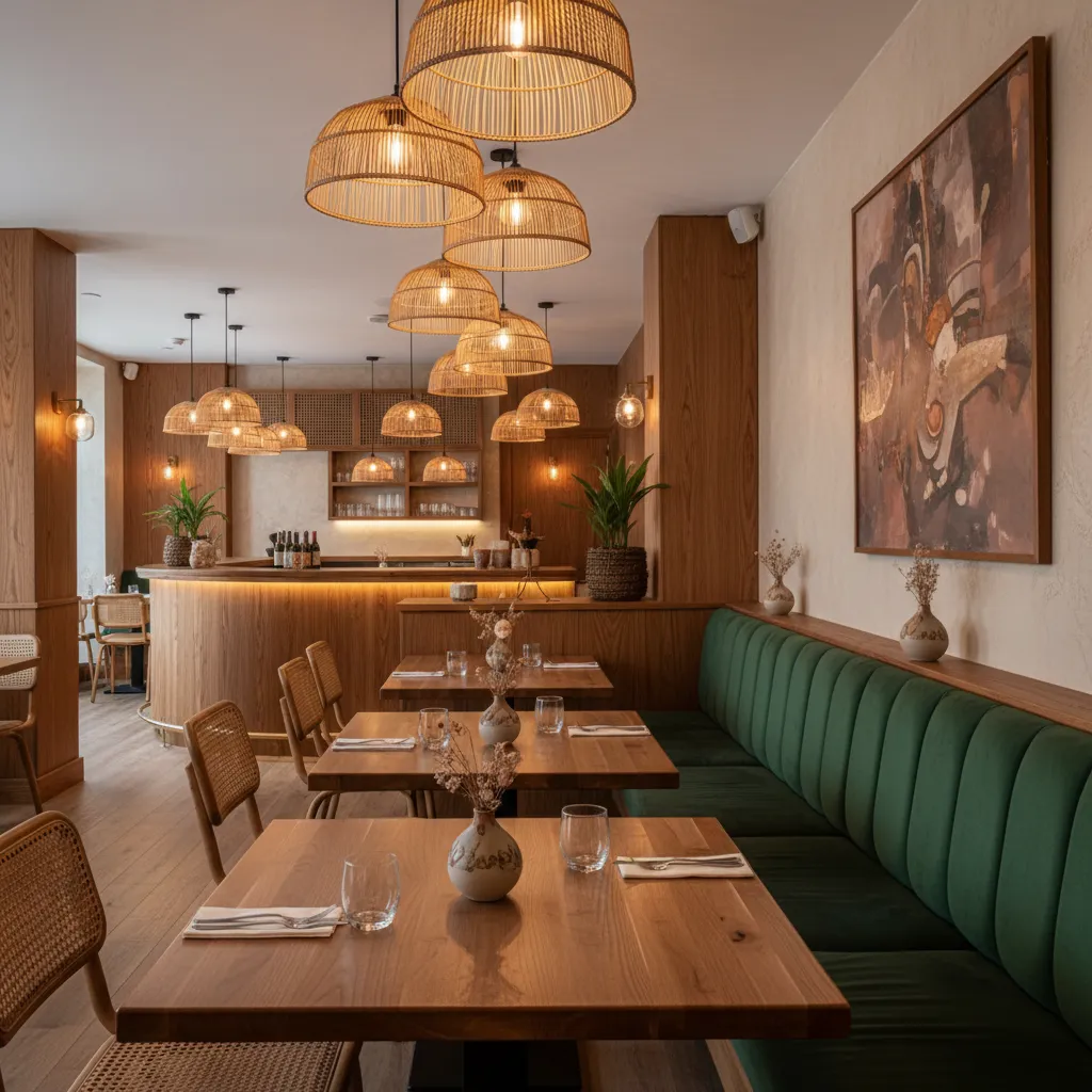 Warm restaurant interior featuring green velvet seating wooden tables and woven basket style ceiling lights
