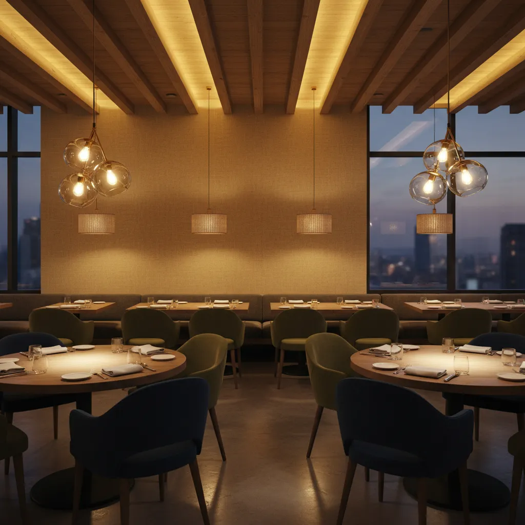 Iluminación cálida sobre mesas en restaurante moderno