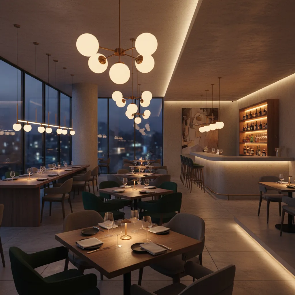 Iluminación ambiental en restaurante moderno con lámparas cálidas