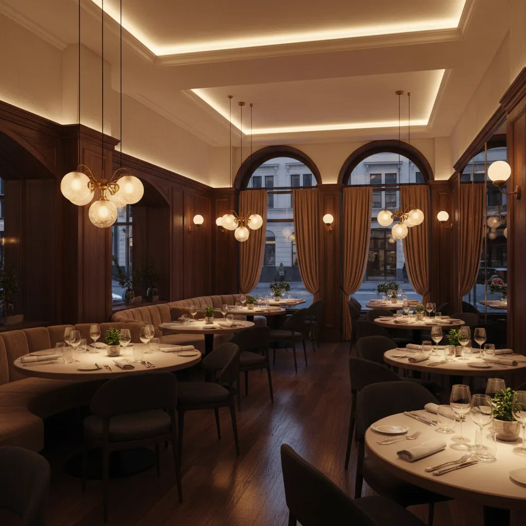 Warm restaurant interior with wood wall panels round dining tables dark chairs globe ceiling lights