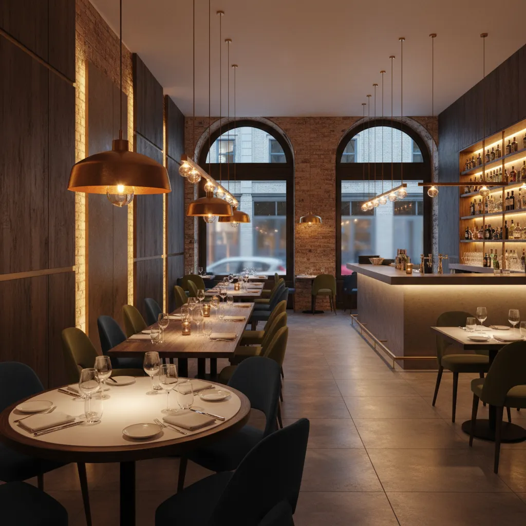 Restaurante con iluminación ambiental cálida y lámparas colgantes