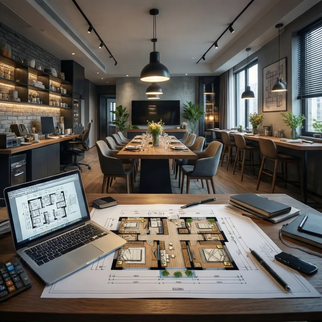 Coohom interior design drawing on desk with laptop showing floor plan and modern room background