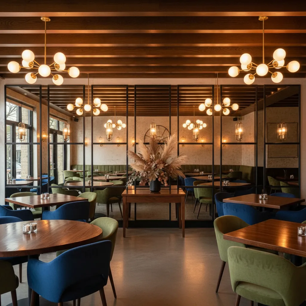 Restaurant dining room where pendant lighting reflects off wall mirrors
