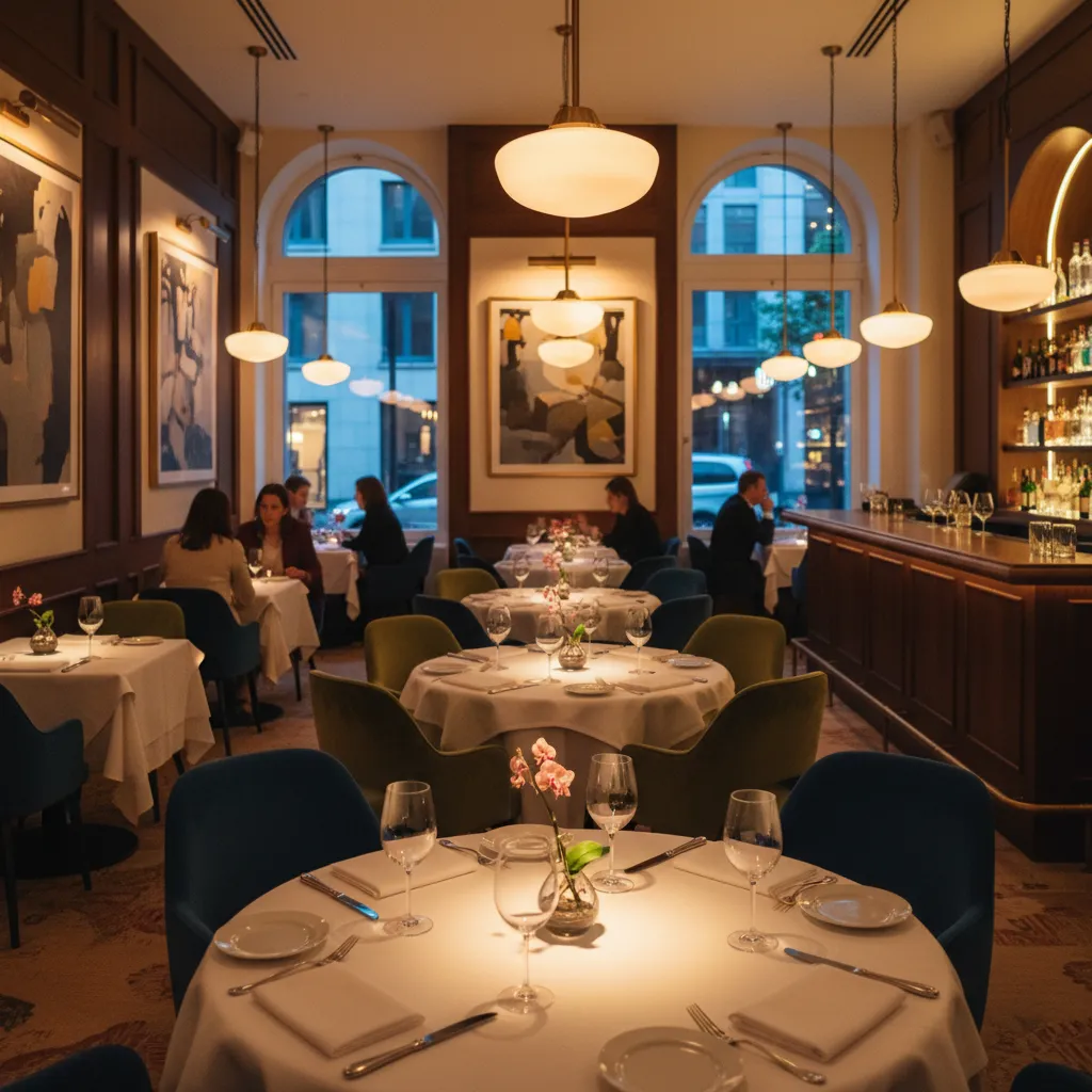 Upscale restaurant with round white tables blue velvet chairs and warm globe ceiling lights inside