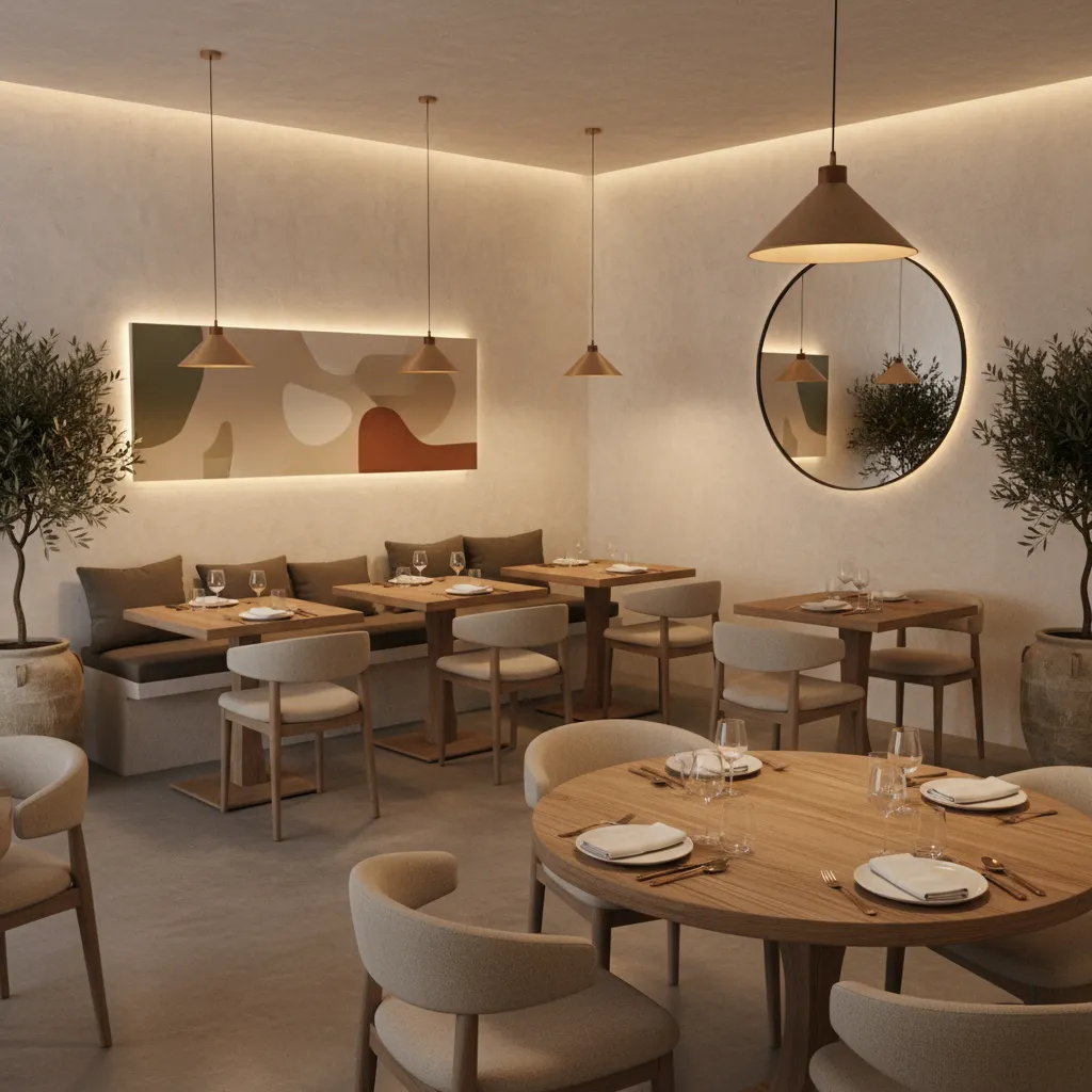 Restaurant dining space with atmospheric limewash textured walls