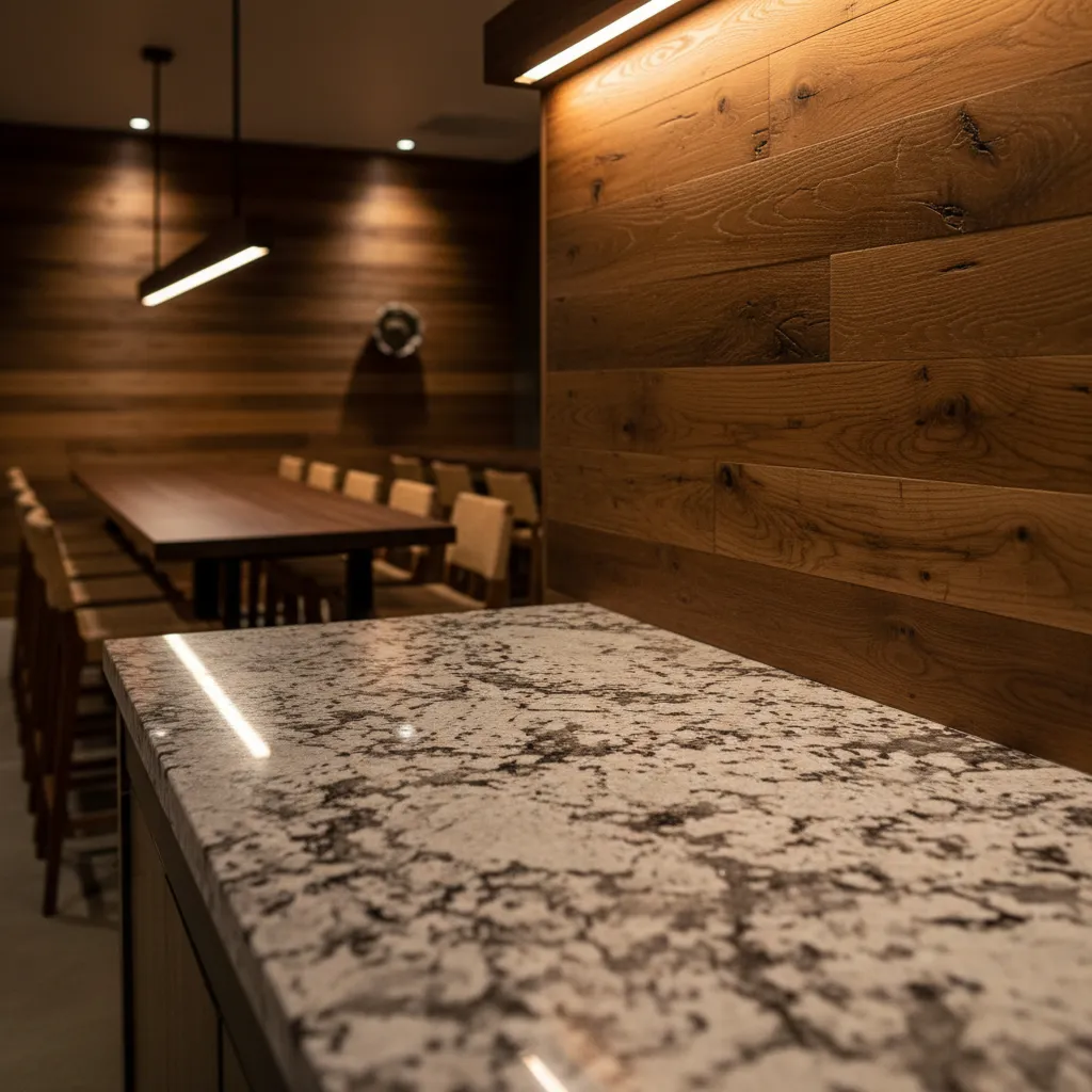 Detalle de materiales duraderos en diseño de restaurante