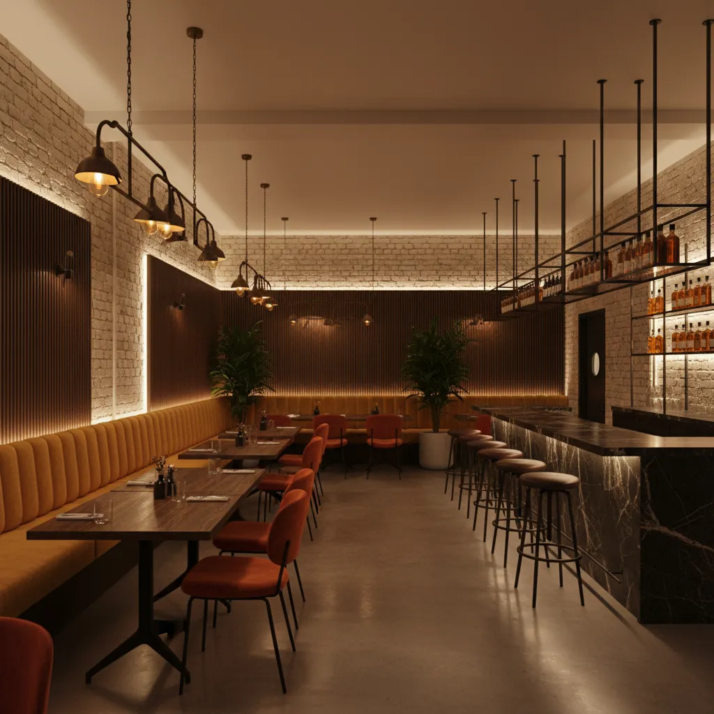 Combinación de madera, metal y colores cálidos en restaurante moderno