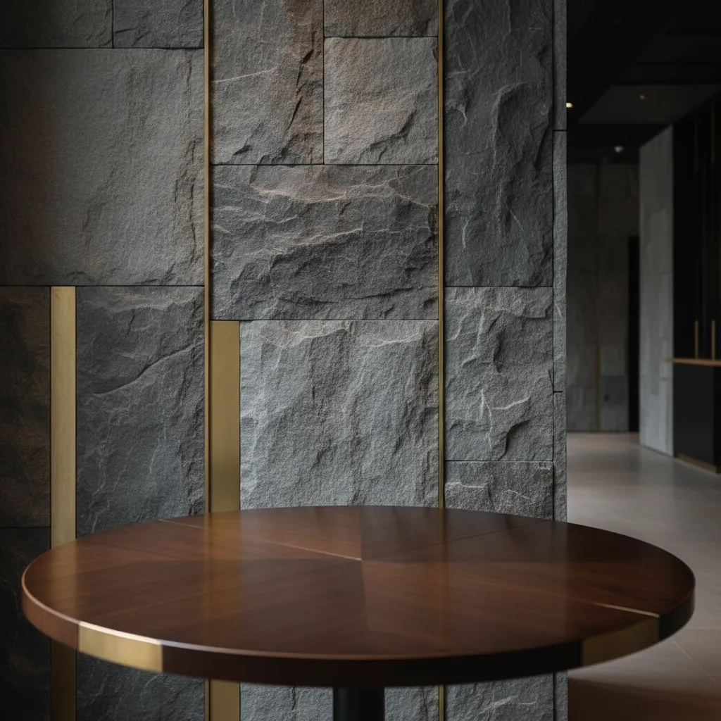Textured stone wall panels with gold metal strips behind a round wooden restaurant dining table