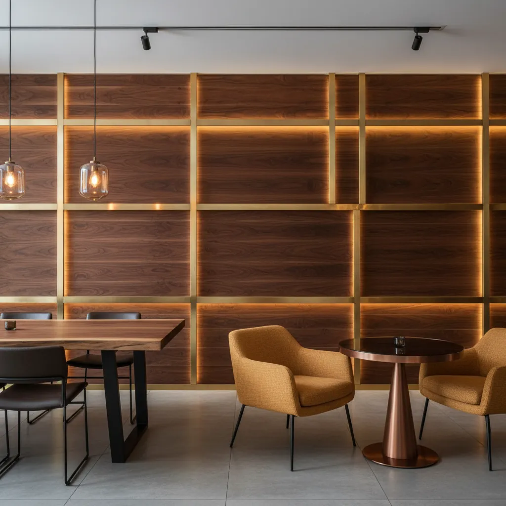 Detalle de materiales de madera y metal en interior de restaurante moderno