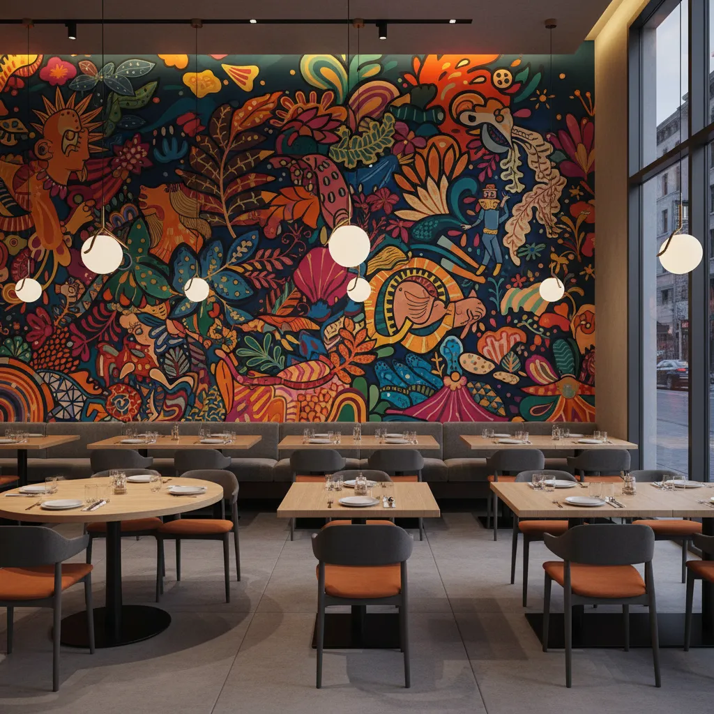 restaurant dining room with large artistic mural wall