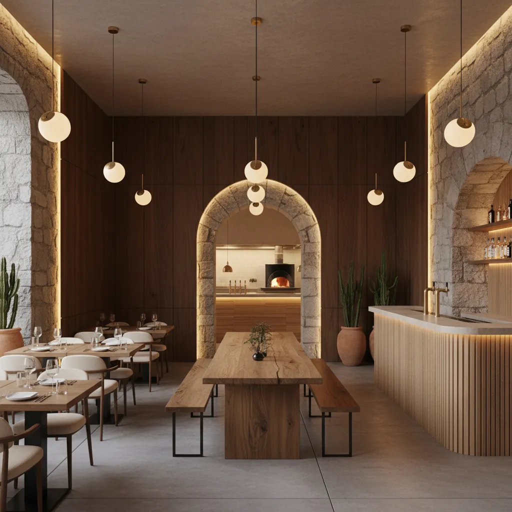 Restaurante con madera, piedra y materiales naturales