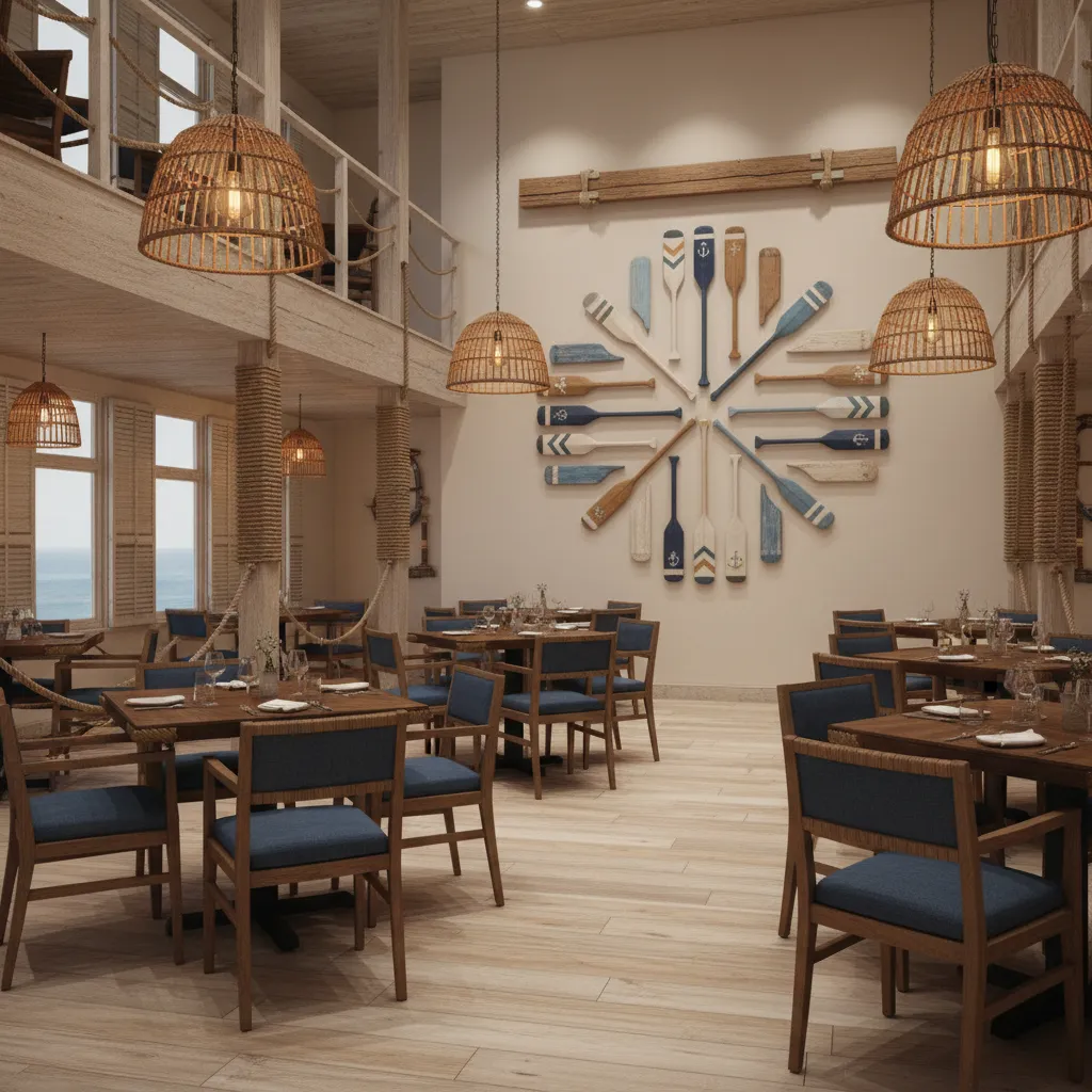 Coastal restaurant wall with decorative oars arranged in symmetrical pattern