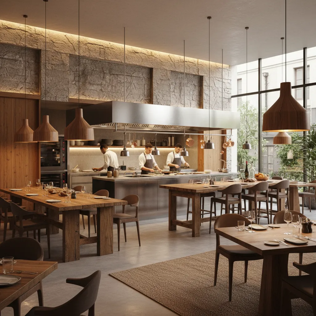 Restaurant interior with open kitchen, professional chefs, large wooden tables and hanging wooden ceiling lights