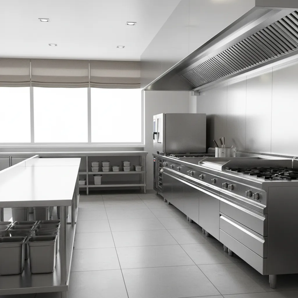 Open restaurant kitchen with simple window valance and stainless prep area