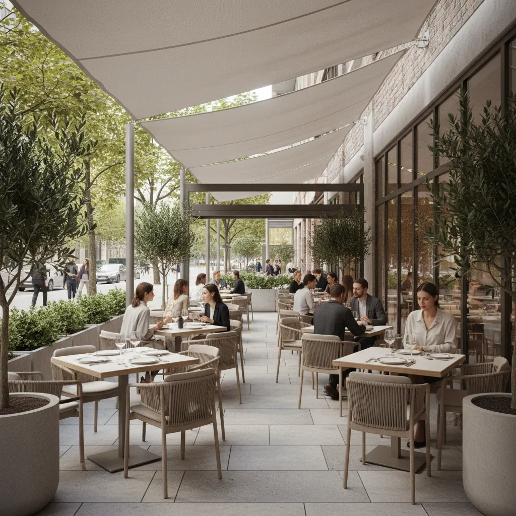 restaurant patio with outdoor shelter seating and shade structure