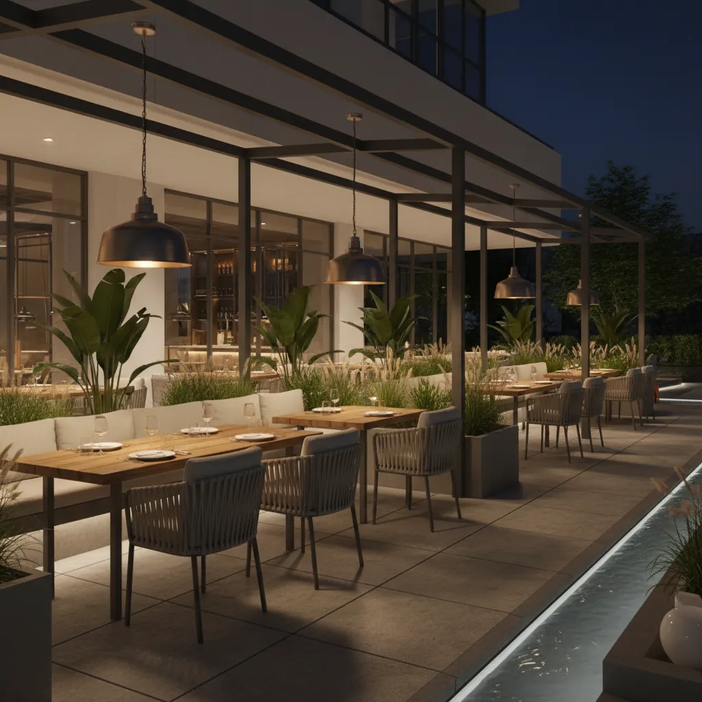 Outdoor restaurant patio with brushed nickel pendant lights above dining tables