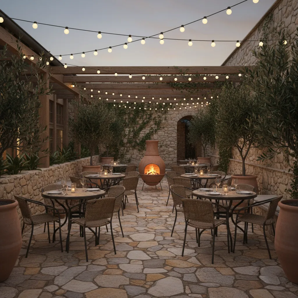 Restaurant patio seating arranged around a decorative chiminea fire feature