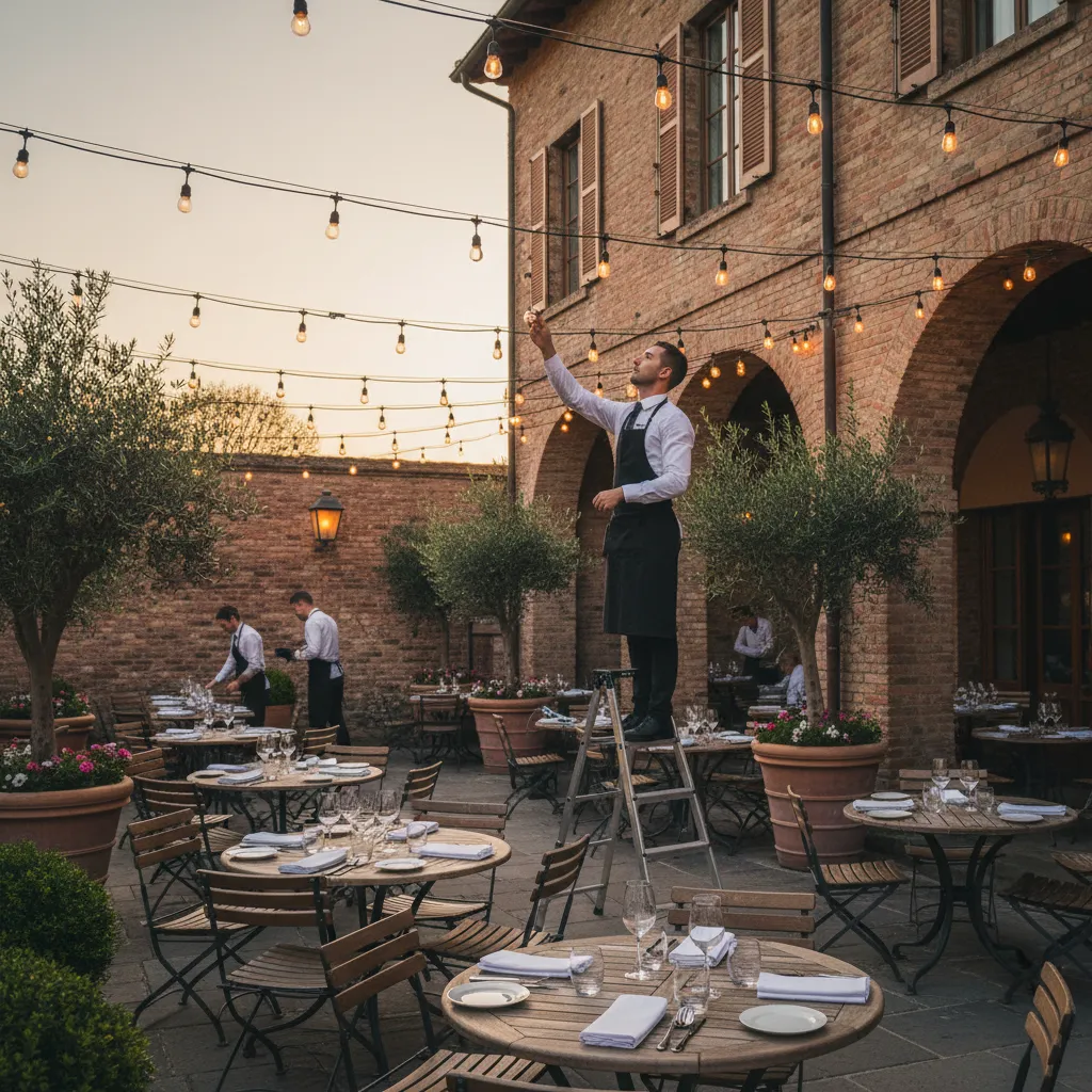 staff member replacing bulb in outdoor restaurant string lights