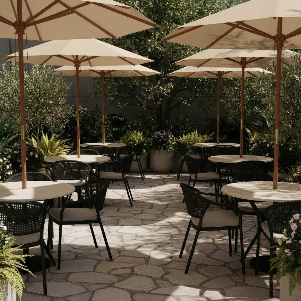 Outdoor restaurant seating area with black wicker dining chairs and round dining tables