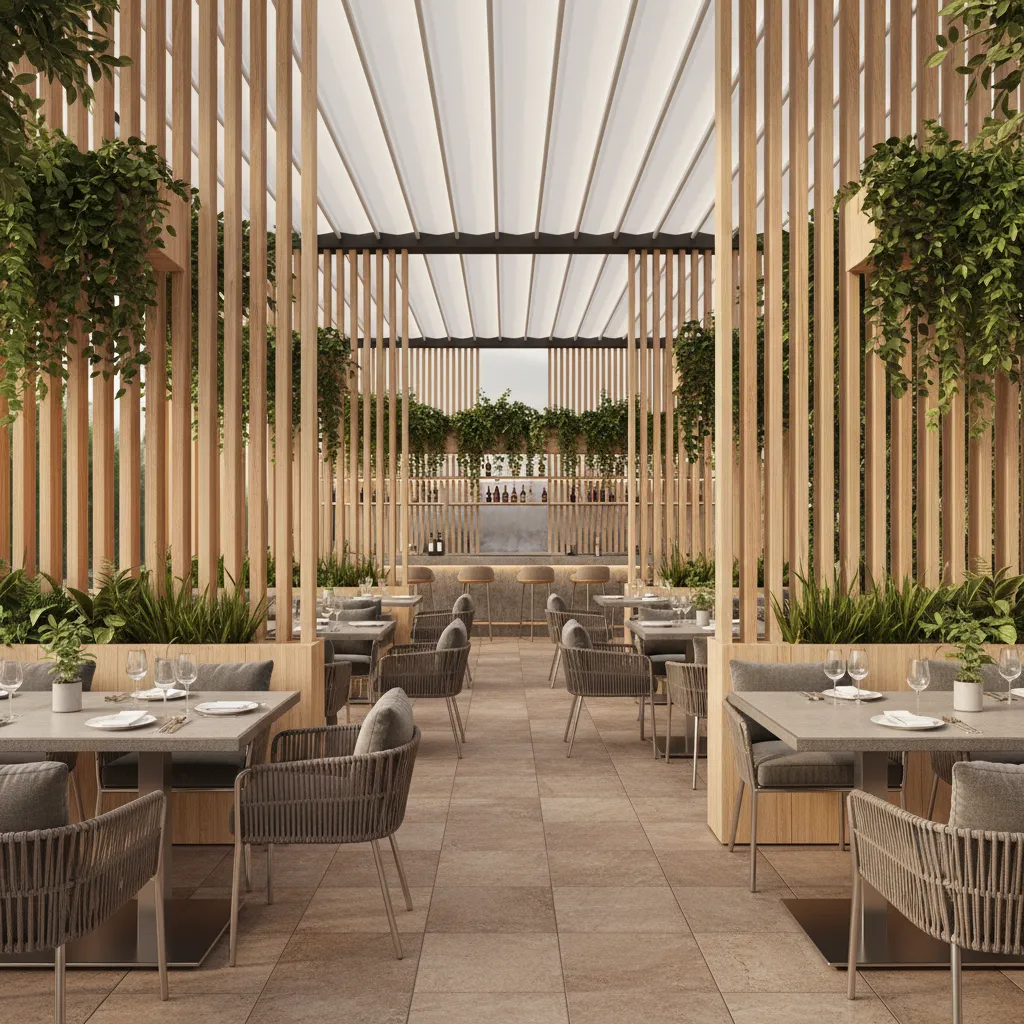 Restaurant patio with wood slat divider screens between tables