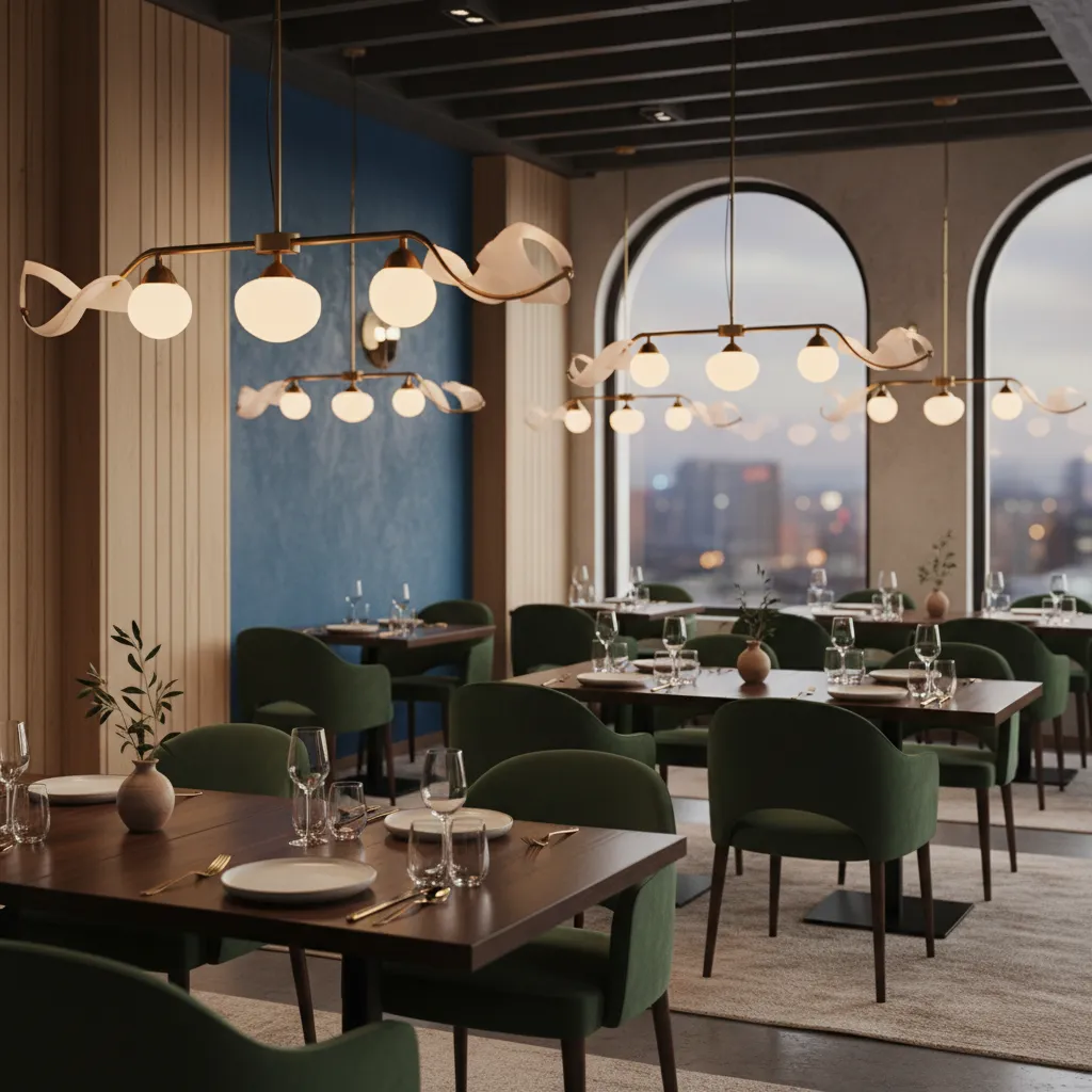 Modern restaurant featuring green chairs dark wooden tables and artistic ceiling lights with white globes