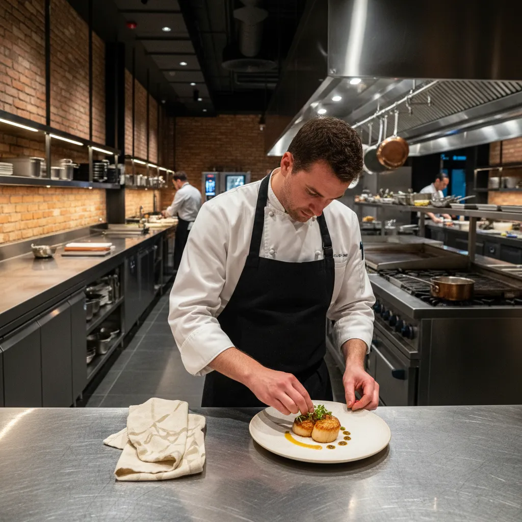 Chef using branded kitchen towel during plating in restaurant kitchen