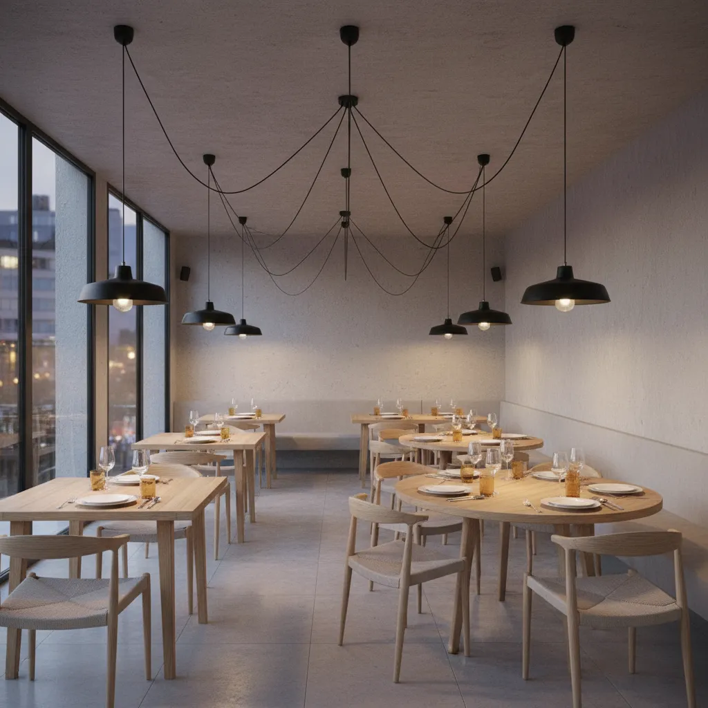 Restaurant seating area illuminated by multiple plug-in ceiling pendant lights