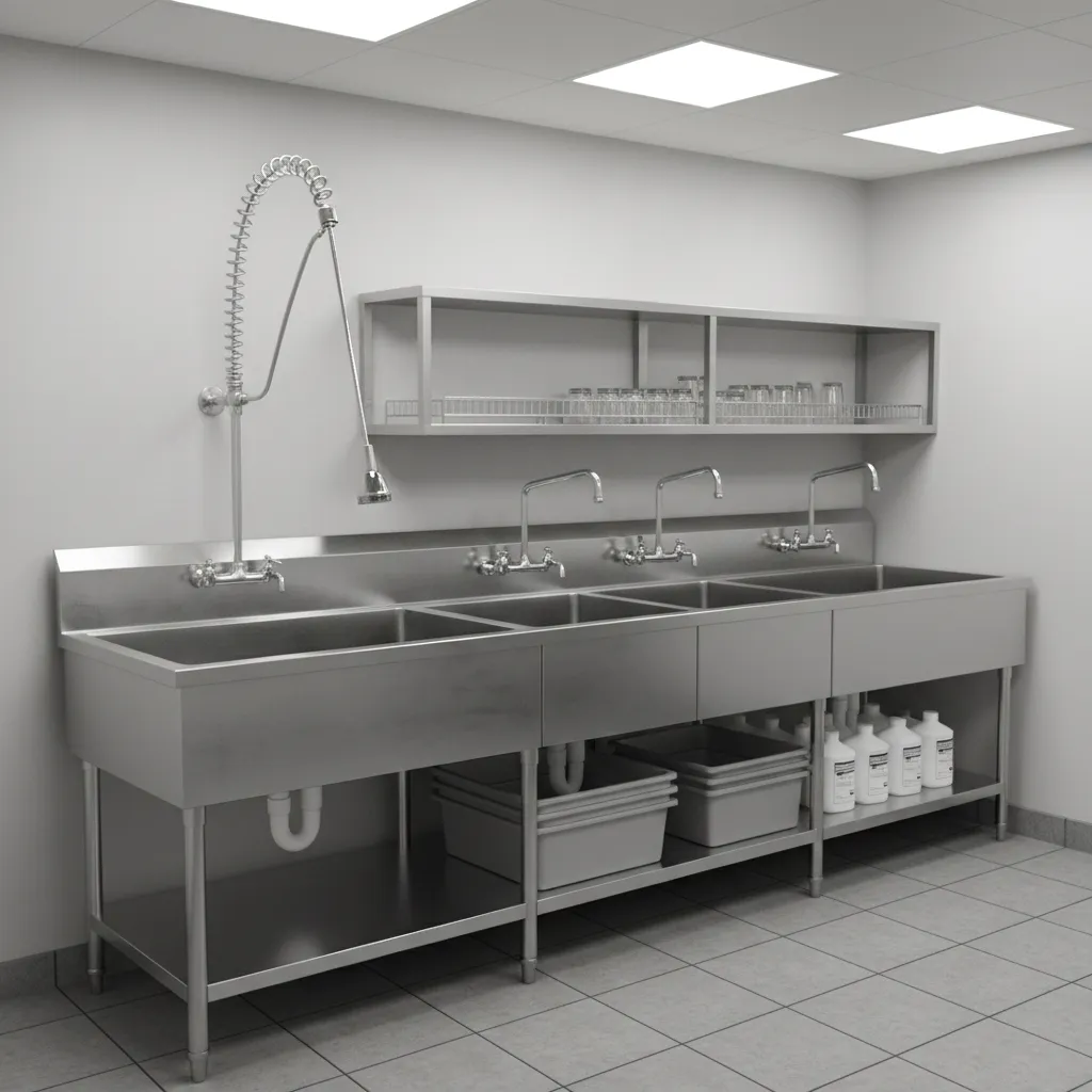 Restaurant dishwashing sink with commercial pre rinse sprayer and stainless steel counter