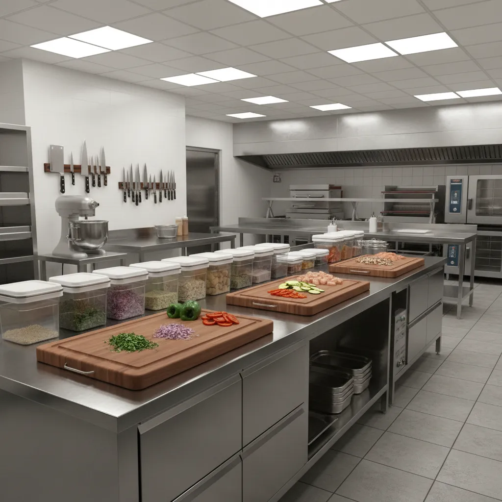 Restaurant prep counter organized with containers, cutting boards and tools
