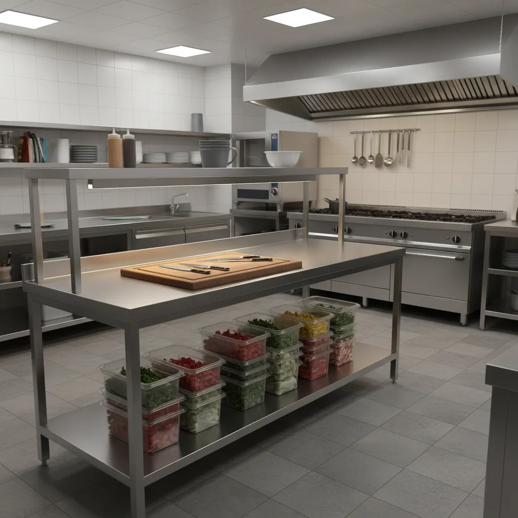 Restaurant prep counter with LED strip lighting under shelves