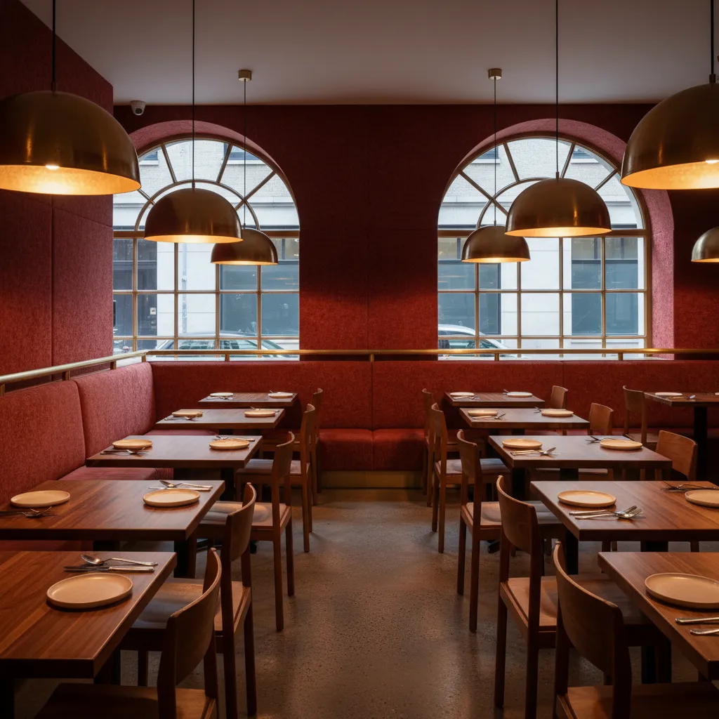 Restaurant dining layout with red walls wood tables and pendant lights