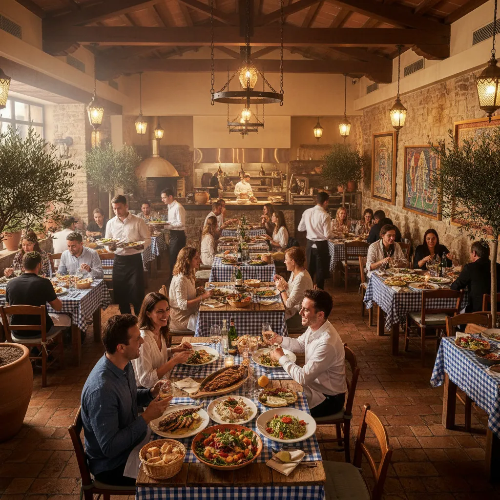 busy restaurant service with customers dining and staff serving food