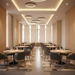 Modern restaurant interior with round wooden tables grey chairs wood wall panels and ceiling lights