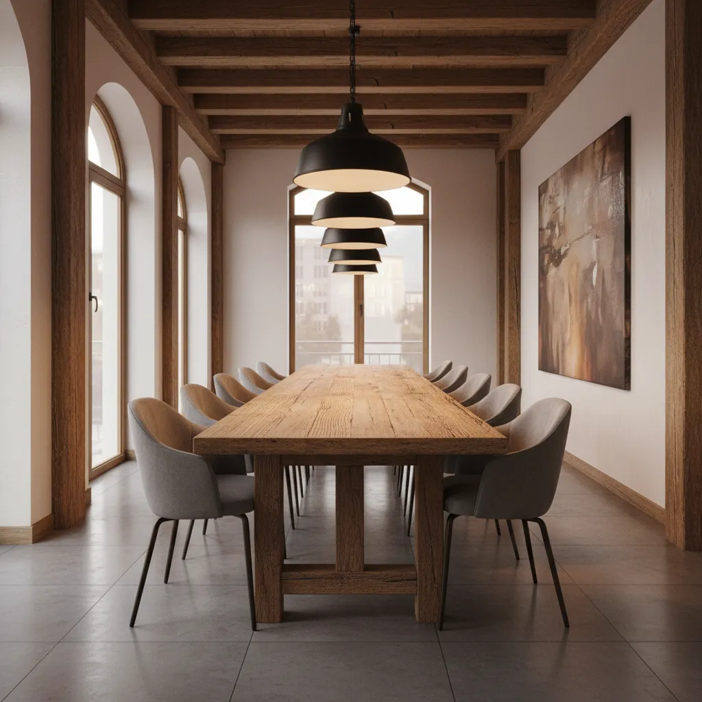 Large rustic farmhouse dining table used as communal seating in a restaurant