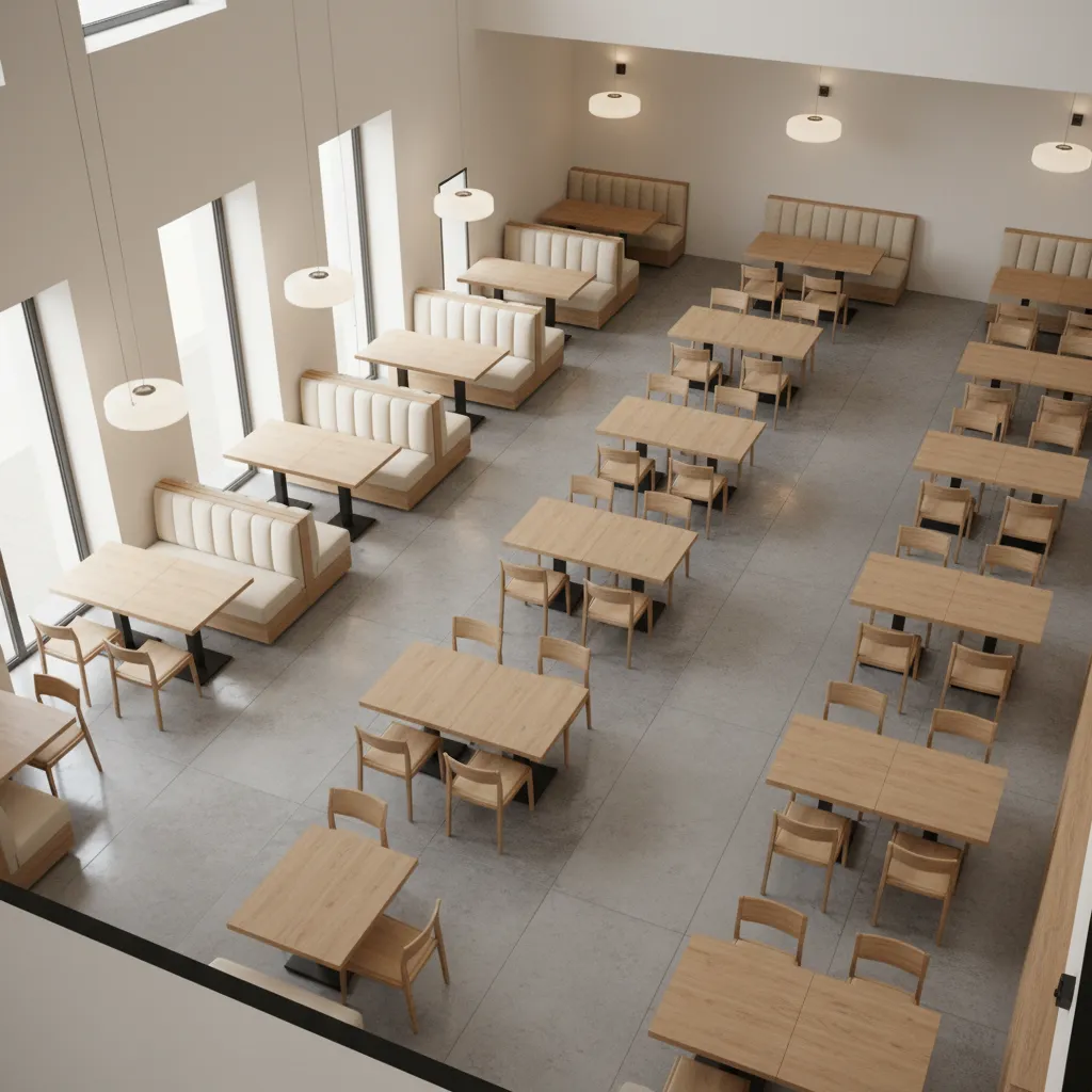 3D restaurant seating layout showing table arrangement and circulation paths