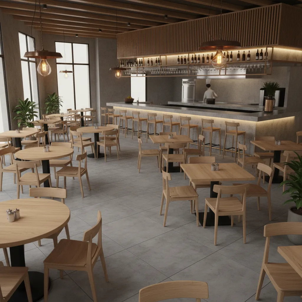 3D preview of restaurant seating layout with tables aisles and bar area