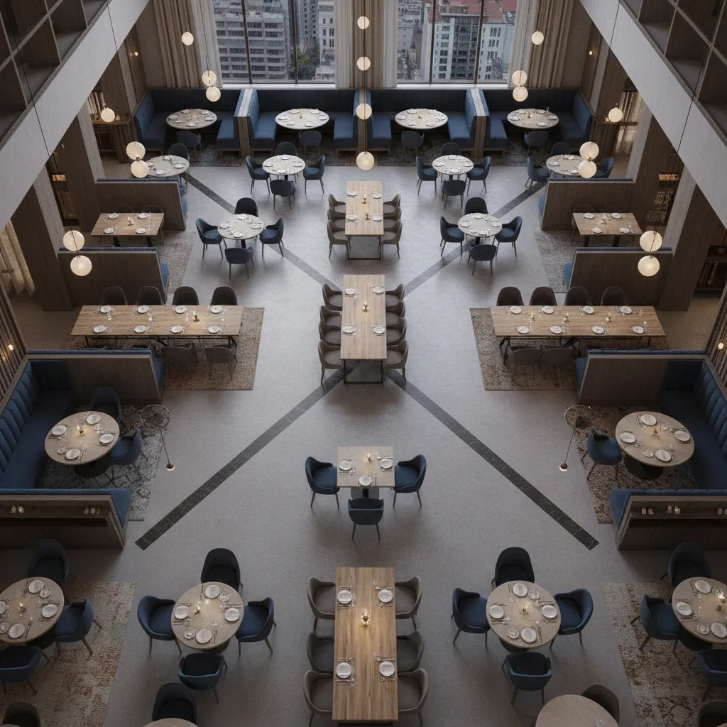 Restaurant seating zones showing different table groups and service aisles