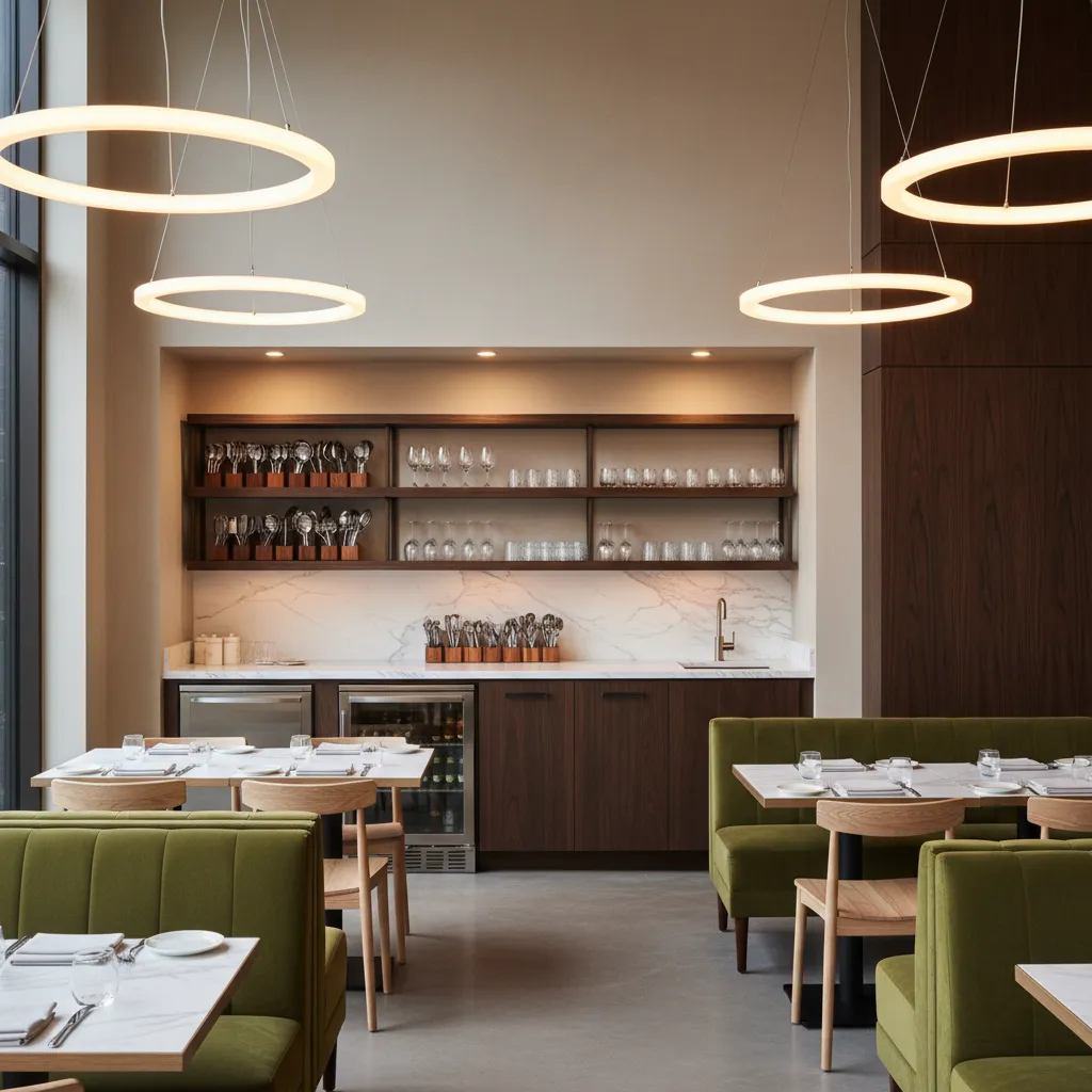 Restaurant service station positioned near dining tables for efficient workflow